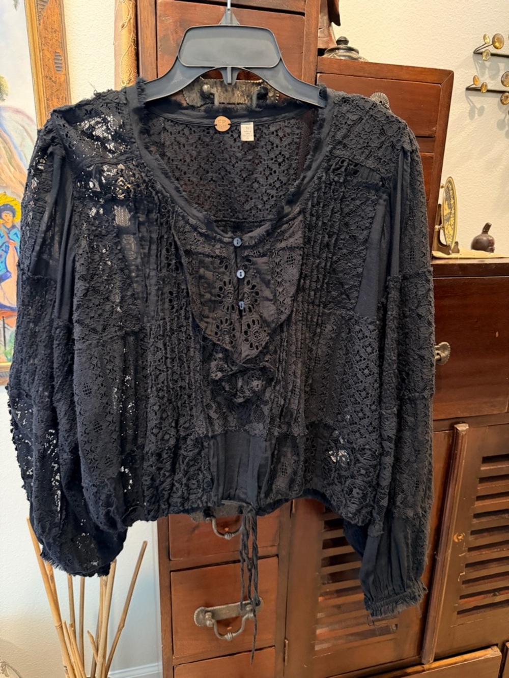 Free People Black Lace Peasant Blouse - Women's Boho Top